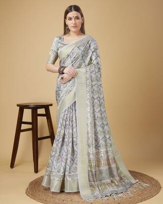 Grey Geometric And Floral Printed Silk Self Design With Golden Border Saree For Women With Blouse Piece 1