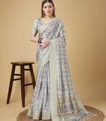 Grey Geometric And Floral Printed Silk Self Design With Golden Border Saree For Women With Blouse Piece