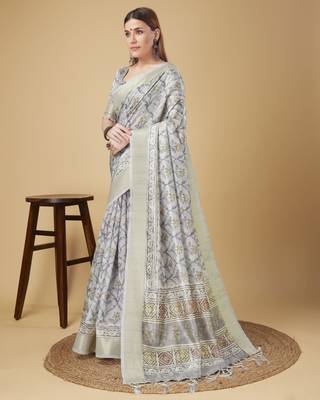 Grey Geometric And Floral Printed Silk Self Design With Golden Border Saree For Women With Blouse Piece 2