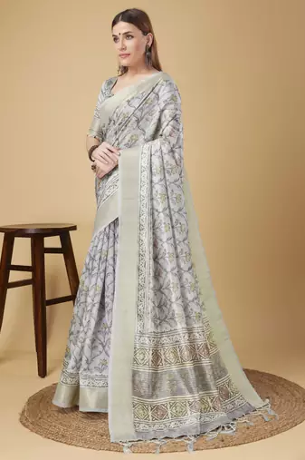 Grey Geometric And Floral Printed Silk Self Design With Golden Border Saree For Women With Blouse Piece