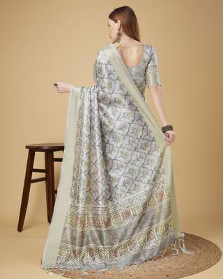Grey Geometric And Floral Printed Silk Self Design With Golden Border Saree For Women With Blouse Piece 3