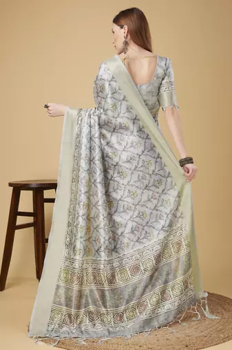Grey Geometric And Floral Printed Silk Self Design With Golden Border Saree For Women With Blouse Piece