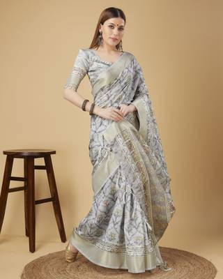 Grey Geometric And Floral Printed Silk Self Design With Golden Border Saree For Women With Blouse Piece 4