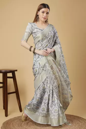 Grey Geometric And Floral Printed Silk Self Design With Golden Border Saree For Women With Blouse Piece