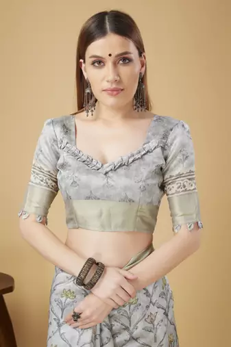 Grey Geometric And Floral Printed Silk Self Design With Golden Border Saree For Women With Blouse Piece