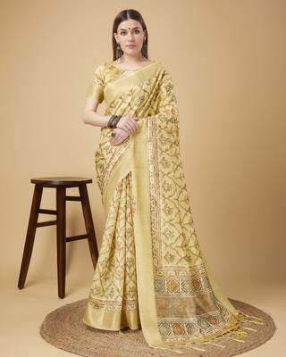 Beige Geometric And Floral Printed Silk Self Design With Golden Border Saree For Women With Blouse Piece 1