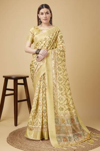 Beige Geometric And Floral Printed Silk Self Design With Golden Border Saree For Women With Blouse Piece