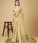 Beige Geometric And Floral Printed Silk Self Design With Golden Border Saree For Women With Blouse Piece