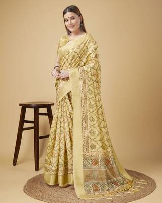 Beige Geometric And Floral Printed Silk Self Design With Golden Border Saree For Women With Blouse Piece 2