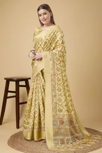 Beige Geometric And Floral Printed Silk Self Design With Golden Border Saree For Women With Blouse Piece