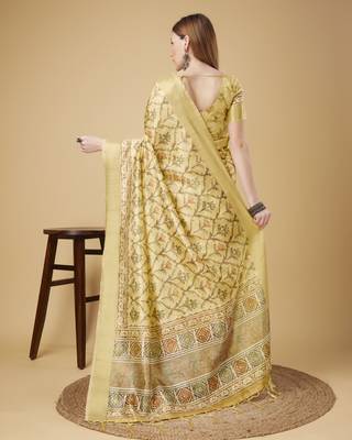 Beige Geometric And Floral Printed Silk Self Design With Golden Border Saree For Women With Blouse Piece 3
