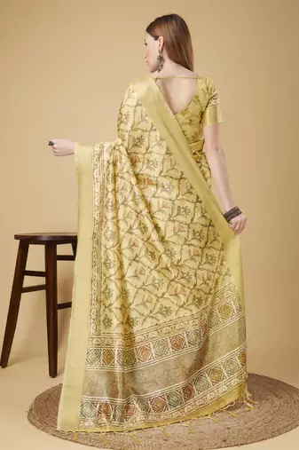 Beige Geometric And Floral Printed Silk Self Design With Golden Border Saree For Women With Blouse Piece