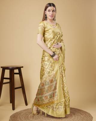 Beige Geometric And Floral Printed Silk Self Design With Golden Border Saree For Women With Blouse Piece 4