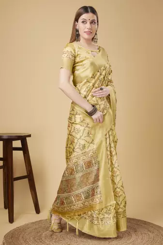 Beige Geometric And Floral Printed Silk Self Design With Golden Border Saree For Women With Blouse Piece