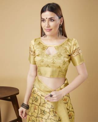 Beige Geometric And Floral Printed Silk Self Design With Golden Border Saree For Women With Blouse Piece 5