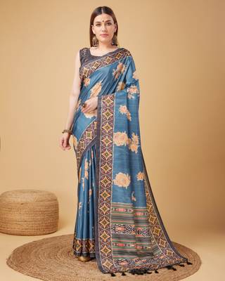 Blue Geometric And Floral Printed Silk Self Design With Golden Border Saree For Women With Blouse Piece 1