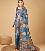 Blue Geometric And Floral Printed Silk Self Design With Golden Border Saree For Women With Blouse Piece