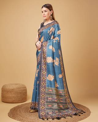 Blue Geometric And Floral Printed Silk Self Design With Golden Border Saree For Women With Blouse Piece 2