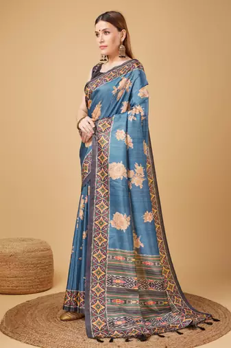 Blue Geometric And Floral Printed Silk Self Design With Golden Border Saree For Women With Blouse Piece