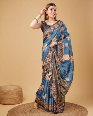 Blue Geometric And Floral Printed Silk Self Design With Golden Border Saree For Women With Blouse Piece 3