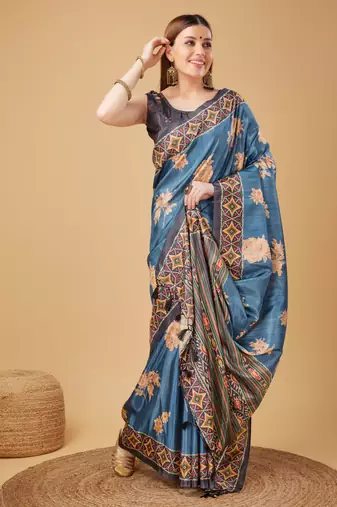 Blue Geometric And Floral Printed Silk Self Design With Golden Border Saree For Women With Blouse Piece