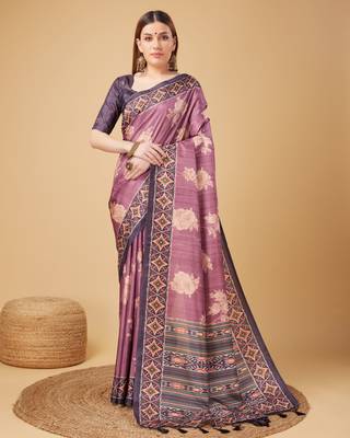 Purple Geometric And Floral Printed Silk Self Design With Golden Border Saree For Women With Blouse Piece 1