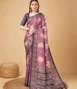 Purple Geometric And Floral Printed Silk Self Design With Golden Border Saree For Women With Blouse Piece