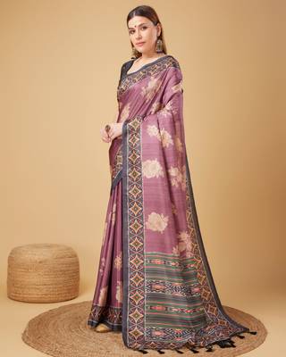 Purple Geometric And Floral Printed Silk Self Design With Golden Border Saree For Women With Blouse Piece 2