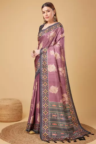 Purple Geometric And Floral Printed Silk Self Design With Golden Border Saree For Women With Blouse Piece