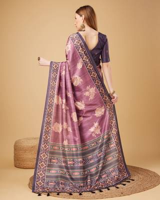 Purple Geometric And Floral Printed Silk Self Design With Golden Border Saree For Women With Blouse Piece 3