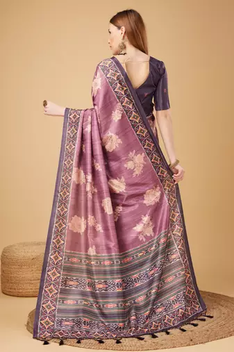 Purple Geometric And Floral Printed Silk Self Design With Golden Border Saree For Women With Blouse Piece