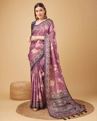 Purple Geometric And Floral Printed Silk Self Design With Golden Border Saree For Women With Blouse Piece 4