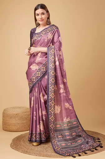 Purple Geometric And Floral Printed Silk Self Design With Golden Border Saree For Women With Blouse Piece