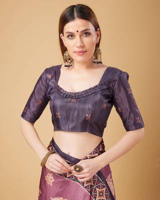 Purple Geometric And Floral Printed Silk Self Design With Golden Border Saree For Women With Blouse Piece 5