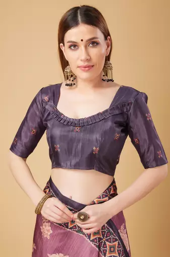 Purple Geometric And Floral Printed Silk Self Design With Golden Border Saree For Women With Blouse Piece