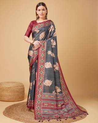 Grey Geometric And Floral Printed Silk Self Design With Golden Border Saree For Women With Blouse Piece 1