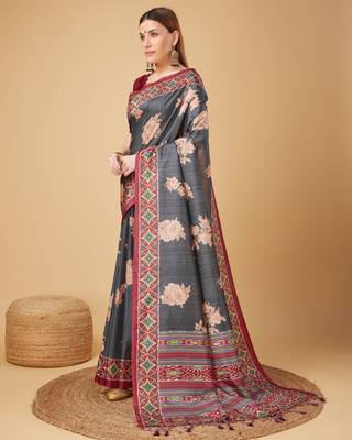 Grey Geometric And Floral Printed Silk Self Design With Golden Border Saree For Women With Blouse Piece 2