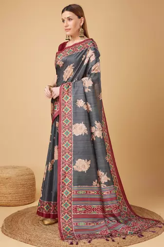 Grey Geometric And Floral Printed Silk Self Design With Golden Border Saree For Women With Blouse Piece