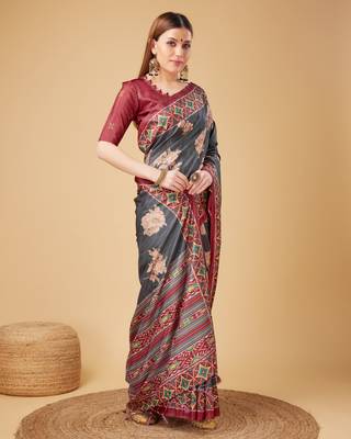 Grey Geometric And Floral Printed Silk Self Design With Golden Border Saree For Women With Blouse Piece 3
