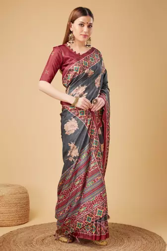 Grey Geometric And Floral Printed Silk Self Design With Golden Border Saree For Women With Blouse Piece
