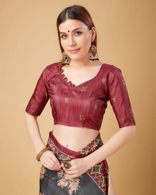 Grey Geometric And Floral Printed Silk Self Design With Golden Border Saree For Women With Blouse Piece 4
