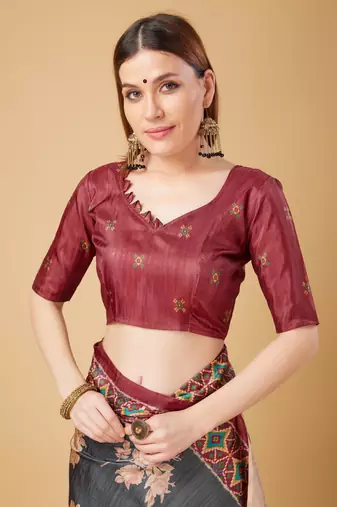 Grey Geometric And Floral Printed Silk Self Design With Golden Border Saree For Women With Blouse Piece