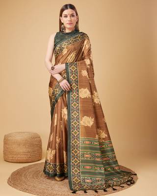 Brown Geometric And Floral Printed Silk Self Design With Golden Border Saree For Women With Blouse Piece 1