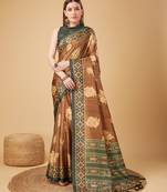 Brown Geometric And Floral Printed Silk Self Design With Golden Border Saree For Women With Blouse Piece