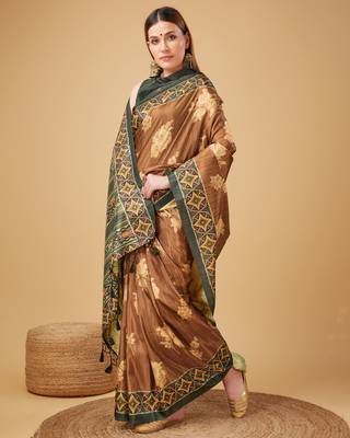Brown Geometric And Floral Printed Silk Self Design With Golden Border Saree For Women With Blouse Piece 2