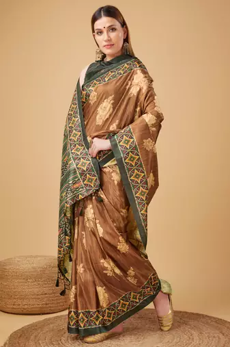 Brown Geometric And Floral Printed Silk Self Design With Golden Border Saree For Women With Blouse Piece