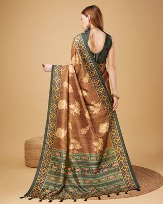 Brown Geometric And Floral Printed Silk Self Design With Golden Border Saree For Women With Blouse Piece 3