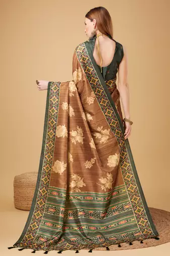 Brown Geometric And Floral Printed Silk Self Design With Golden Border Saree For Women With Blouse Piece