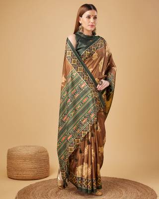 Brown Geometric And Floral Printed Silk Self Design With Golden Border Saree For Women With Blouse Piece 4
