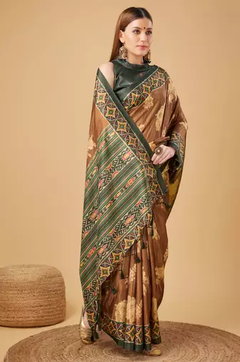 Brown Geometric And Floral Printed Silk Self Design With Golden Border Saree For Women With Blouse Piece
